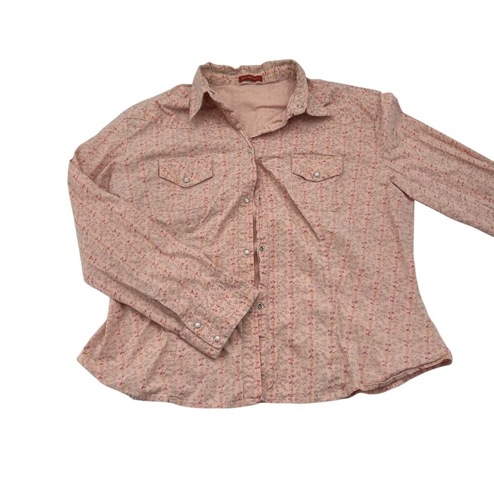 Pink Floral Button-Up Shirt Women's Stretch Medium Snap Button‎ Y2k